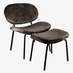 Fauteuil + hocker, zwart stof, zwarte poten